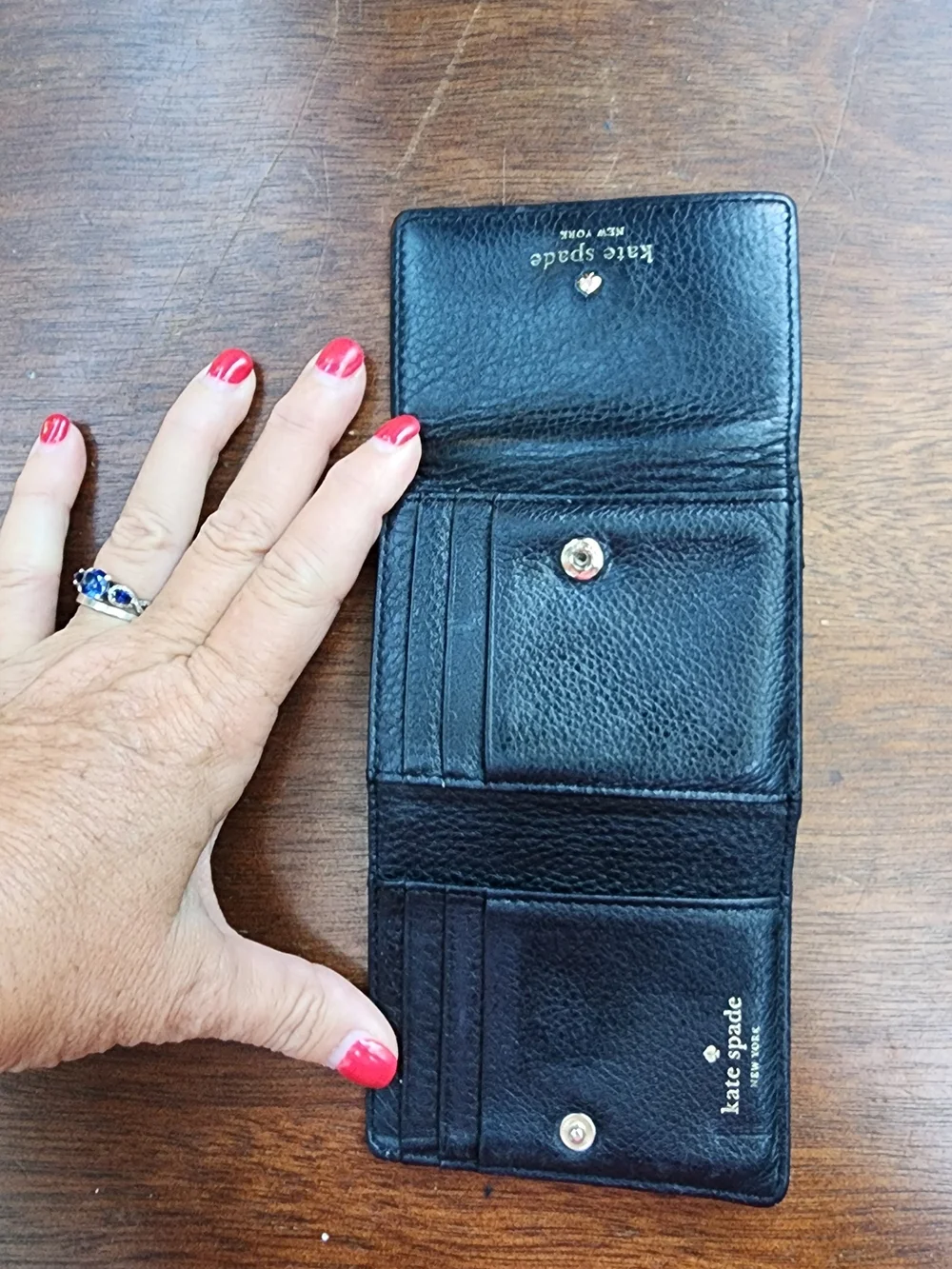 Kate Spade New York Black Pebbled Leather Trifold Compact Wallet Snap